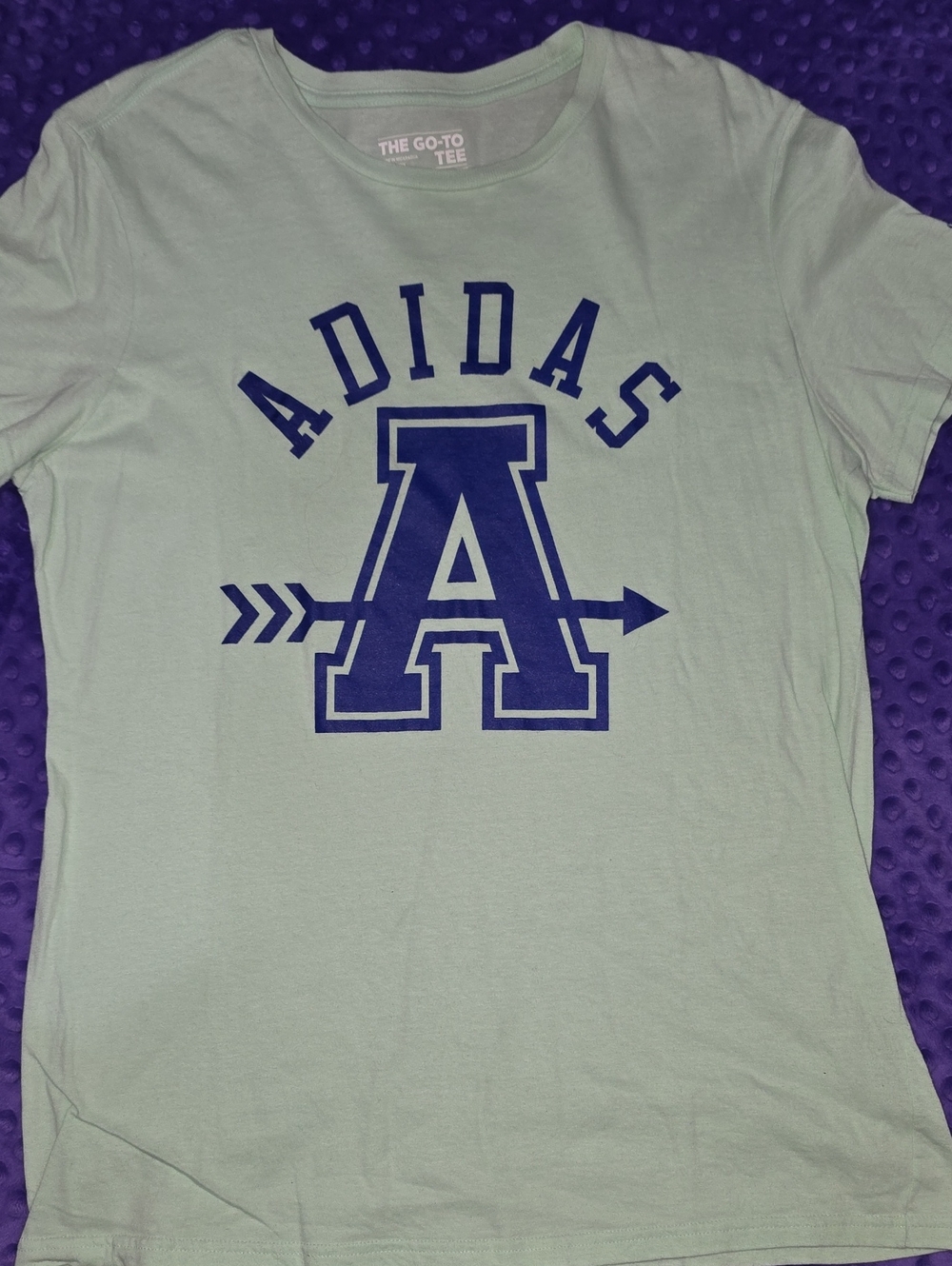 adidas Mint Crewneck Tee with Royal Blue Letter Graphic